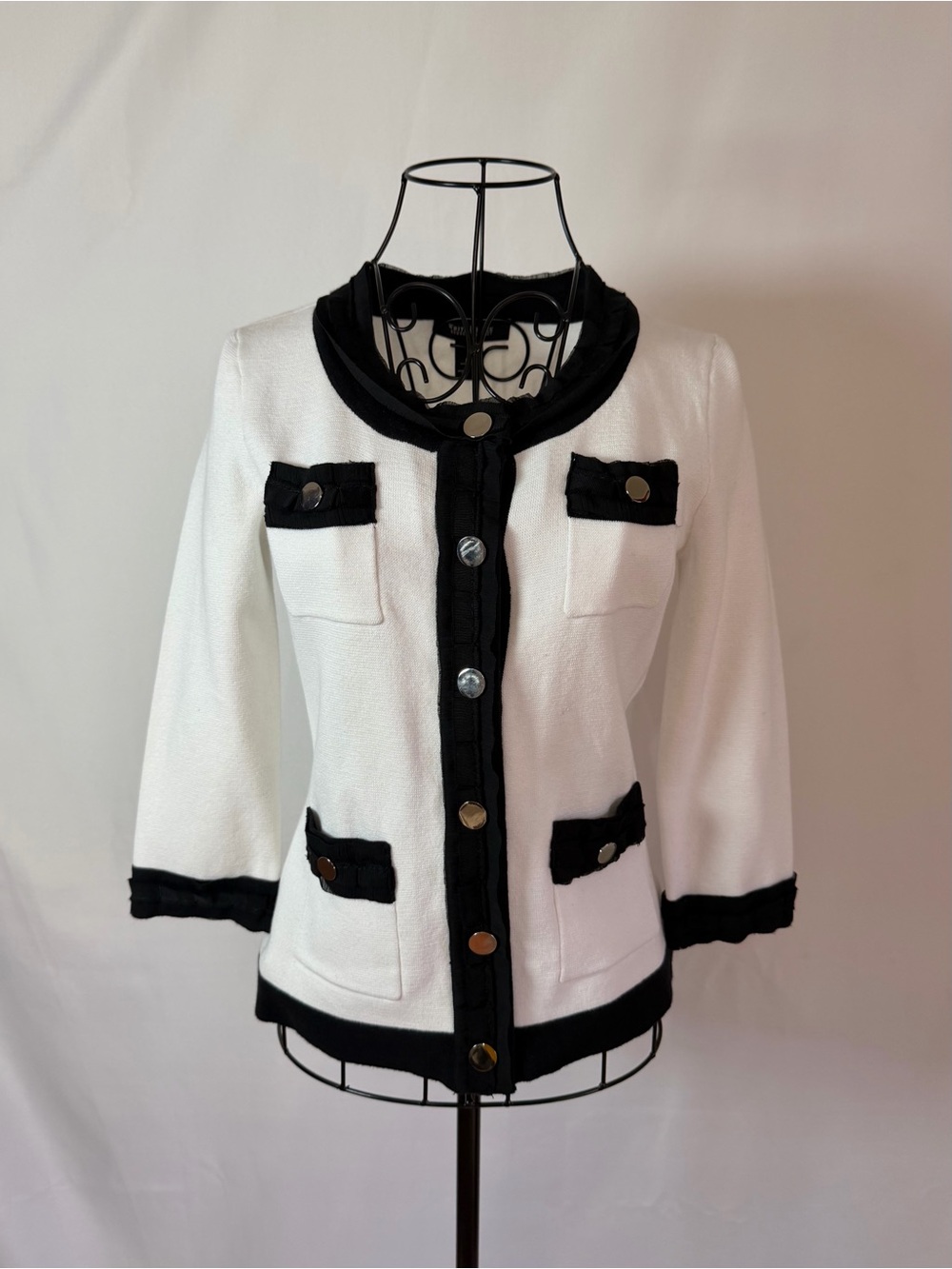 White House Black Market White and Black Contrast Trim Jacket-Cardigan